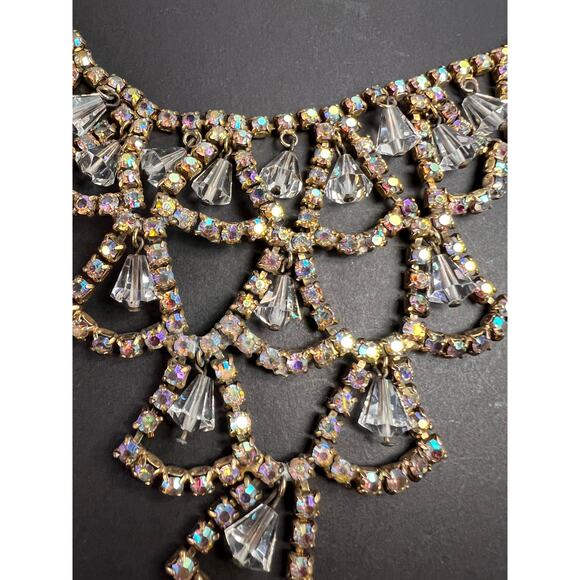 Vintage AB Rhinestone Bib Necklace Clear Glass Dangles Gold Tone - Picture 6 of 12